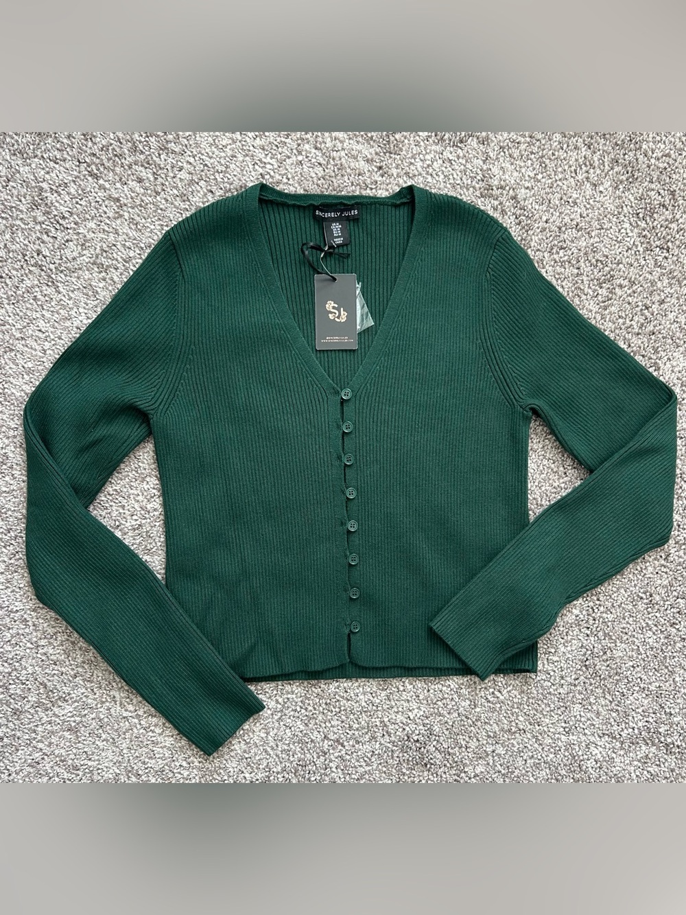 Sincerly Jules Deep Green Ribbed V-Neck Button-Up Cardigan